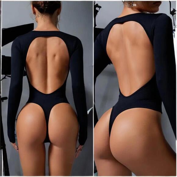 EYE-CATCHING Bodysuit | SZ S | Black Open-Back Cutout Shapewear Long Sleeve Top - Picture 5 of 9